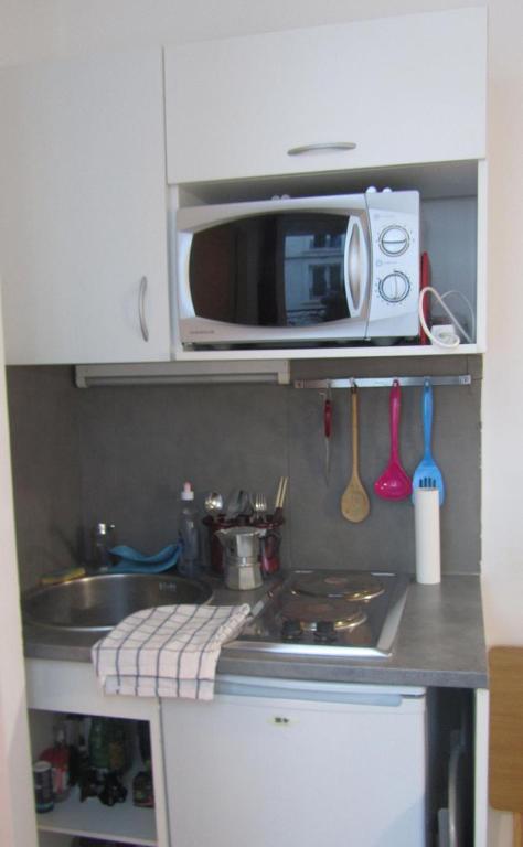 une cuisine avec un évier et un micro-ondes dans l'établissement paris centre studio, à Paris