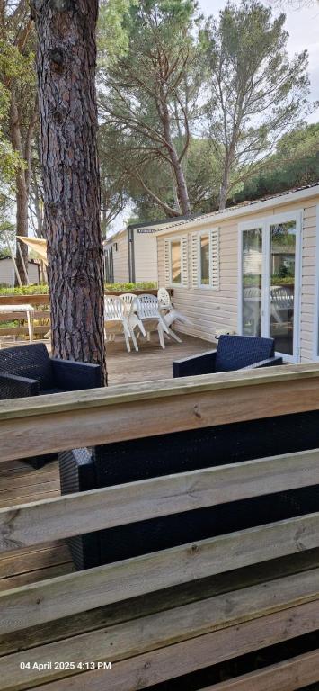 une terrasse en bois avec des chaises et un arbre dans l'établissement La Baume La Palmeraie Camping Resort, à Fréjus