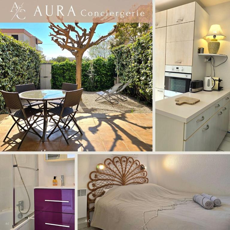 un collage de photos d'une cuisine et d'une chambre dans l'établissement Le Murier - Rez de jardin avec véranda, terrasse à 5min a pied de la mer avec parking - BY AURAconciergerie, aux Lecques