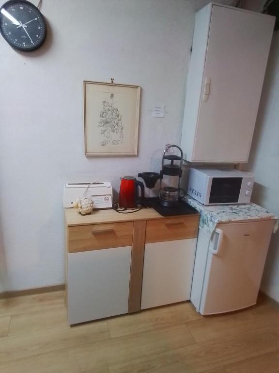 a kitchen with a counter with a microwave and a refrigerator at Refugium Thanatcha in Reil