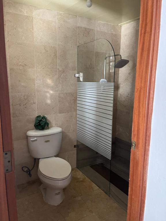 a bathroom with a toilet and a glass shower at Apartamento en Punta Cana, White sands in Punta Cana