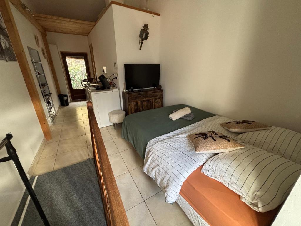 a bedroom with two beds and a television in it at Appartement maison de village à Ota-Porto in Porto Ota