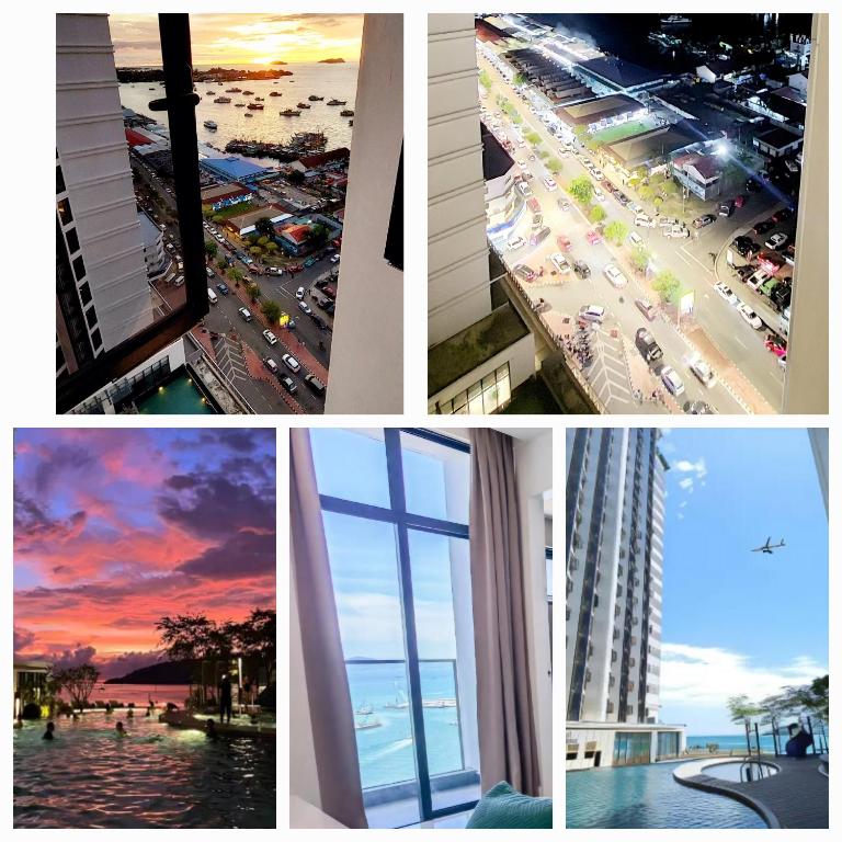 a collage of photos with a beach and buildings at Golden Kinabalu in Kota Kinabalu