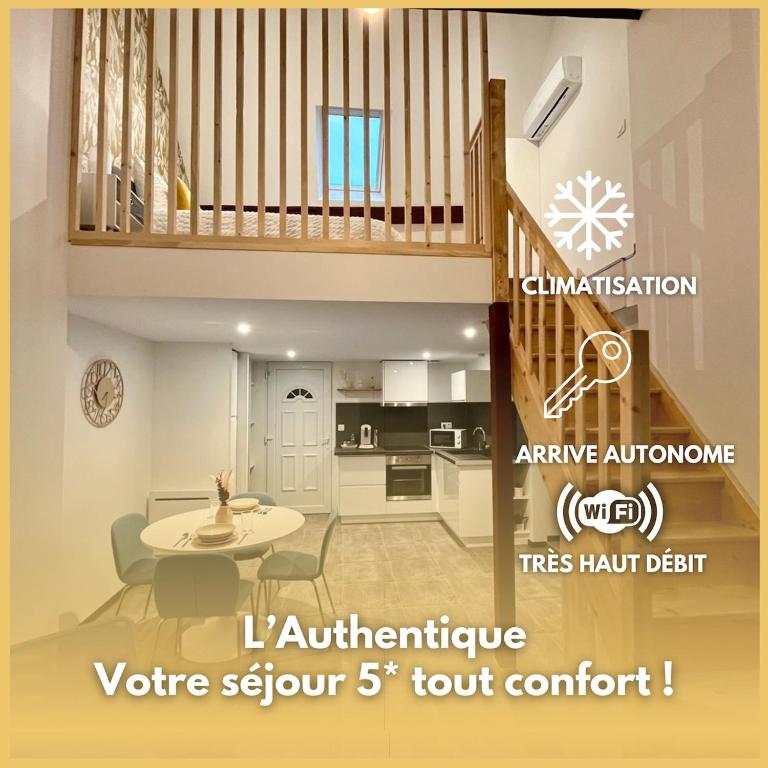 une pièce avec un escalier et une table et une cuisine dans l'établissement L'Authentique Centre &Gare, à Chalon-sur-Saône