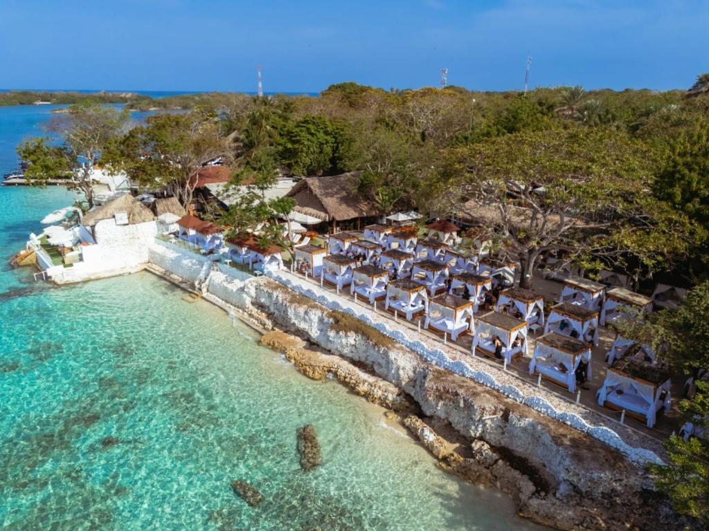 an aerial view of the pool at the resort at Bora Bora Beach Club Cartagena in Isla Grande
