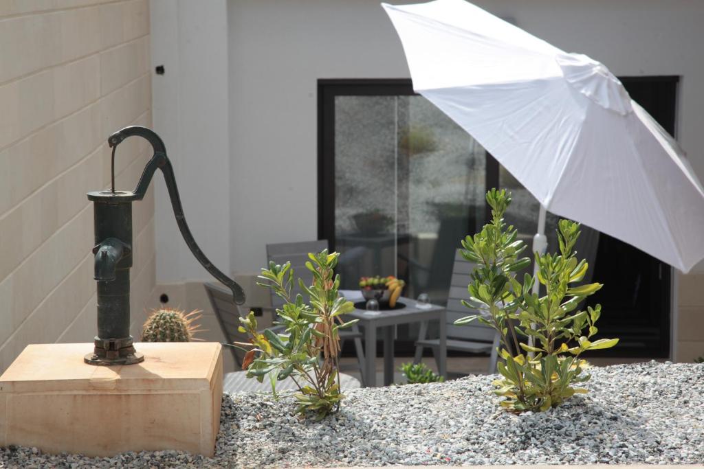 a white umbrella sitting on a table with plants at Residenza RoMa in Tropea