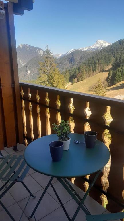 - une table sur un balcon avec deux plantes en pot dans l'établissement Appartement vu sur la montagne, à Le Biot