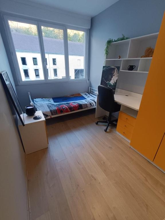 Cette petite chambre comprend un lit et un bureau. dans l'établissement Luna Lovegood, à Besançon