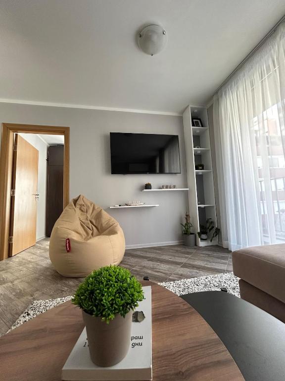 a living room with a couch and a chair at Tanov Cozy Place in Blagoevgrad