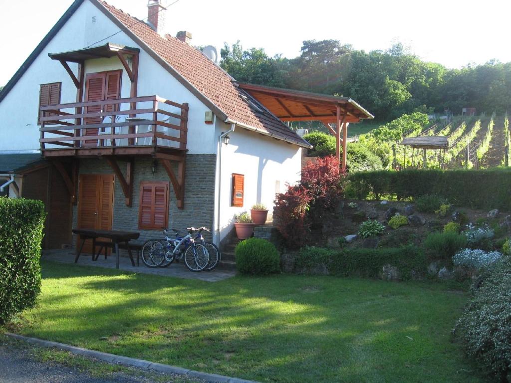 a house with a bike parked in the yard at Zoltán Borháza in Tihany