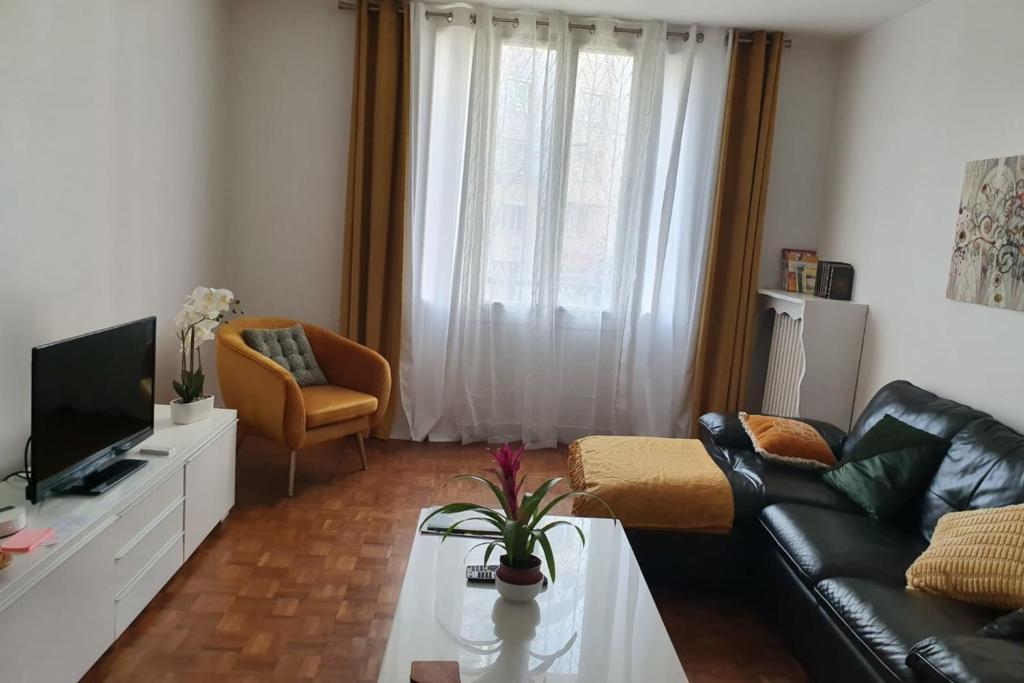 - un salon avec un canapé en cuir noir et une télévision dans l'établissement Bright apartment with nice view, à Boulogne-Billancourt