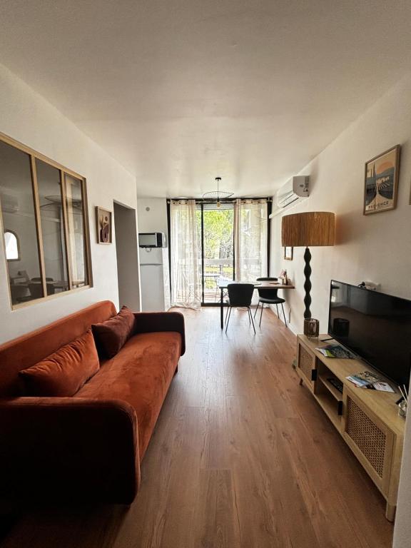 un salon avec un canapé marron et une table dans l'établissement Marclo Appartement Greoux-les-Bains, à Gréoux-les-Bains