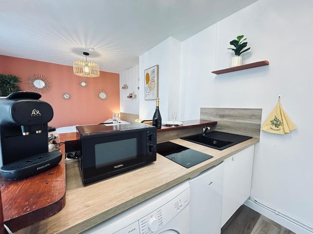 Il comprend une cuisine avec un bureau, un four micro-ondes et une télévision. dans l'établissement Chez Cath Studio neuf cosy proche centre-ville, à Reims