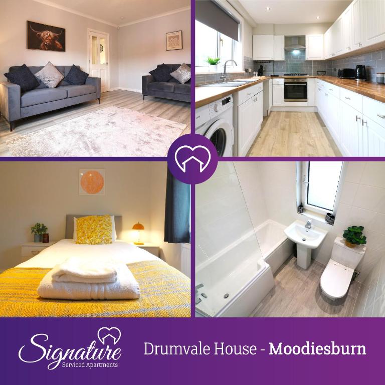 a collage of three pictures of a kitchen and a bedroom at Signature - Drumvale House in Chryston
