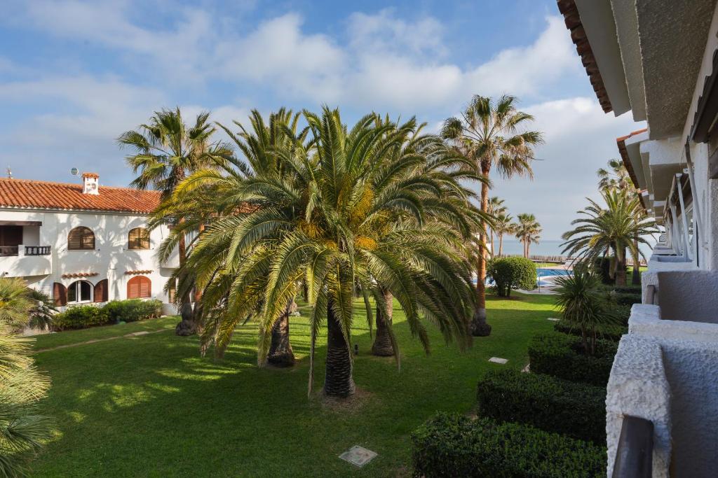 un cortile con palme di fronte a un edificio di Nueva Playa a Denia