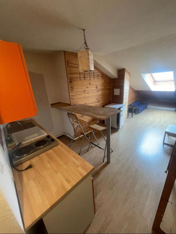 Cette chambre dispose d'une cuisine avec une table et un bureau. dans l'établissement Le balcon du Vercors, à Château-Bernard