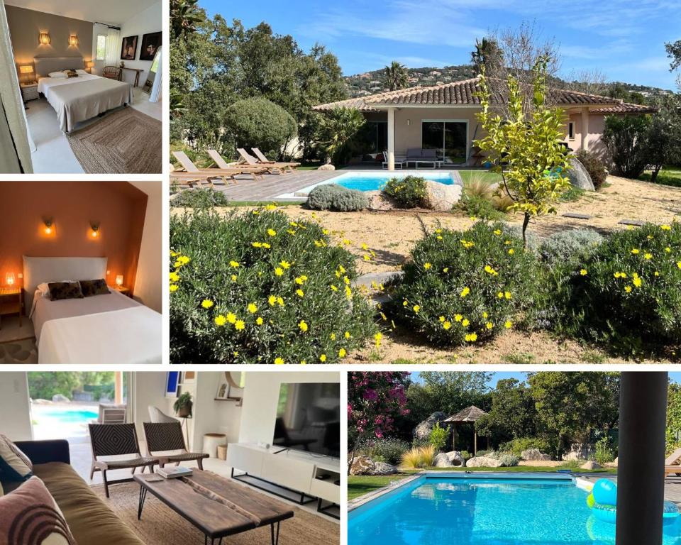 un collage de photos d'une maison et d'une piscine dans l'établissement Villa Fiori Porto Vecchio avec piscine privée, à Porto-Vecchio