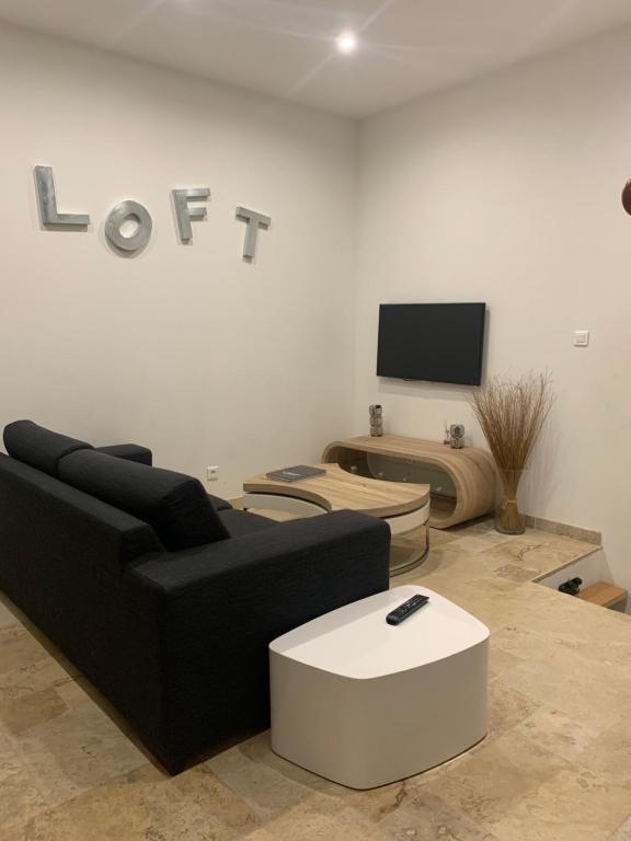 un salon avec un canapé noir et une télévision dans l'établissement Hôpitaux, Eurexpo, Groupama Stadium, à Bron