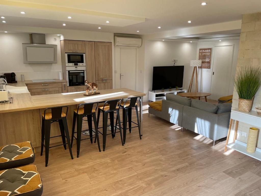 Il comprend une cuisine et un salon avec un bar et un canapé. dans l'établissement Joli rez de jardin 3 pieces à Cagnes sur mer, à Cagnes-sur-Mer