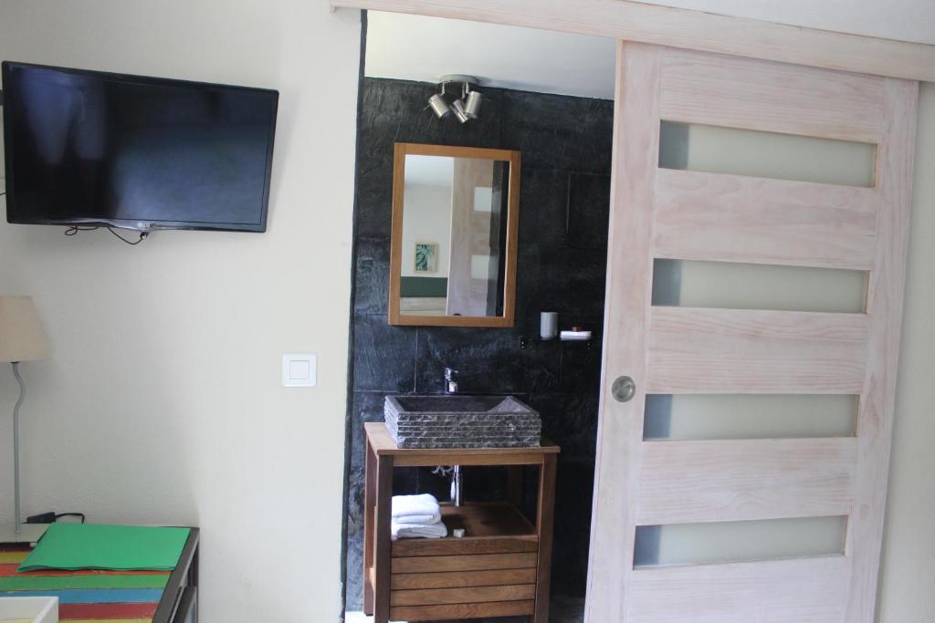 bagno con porta in legno e TV di LE RUBINJO 2 a Saint-Benoît