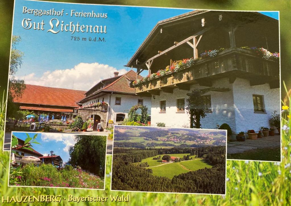 a collage of pictures of a house with flowers at Berggasthof Ferienhaus Gut Lichtenau in Hauzenberg