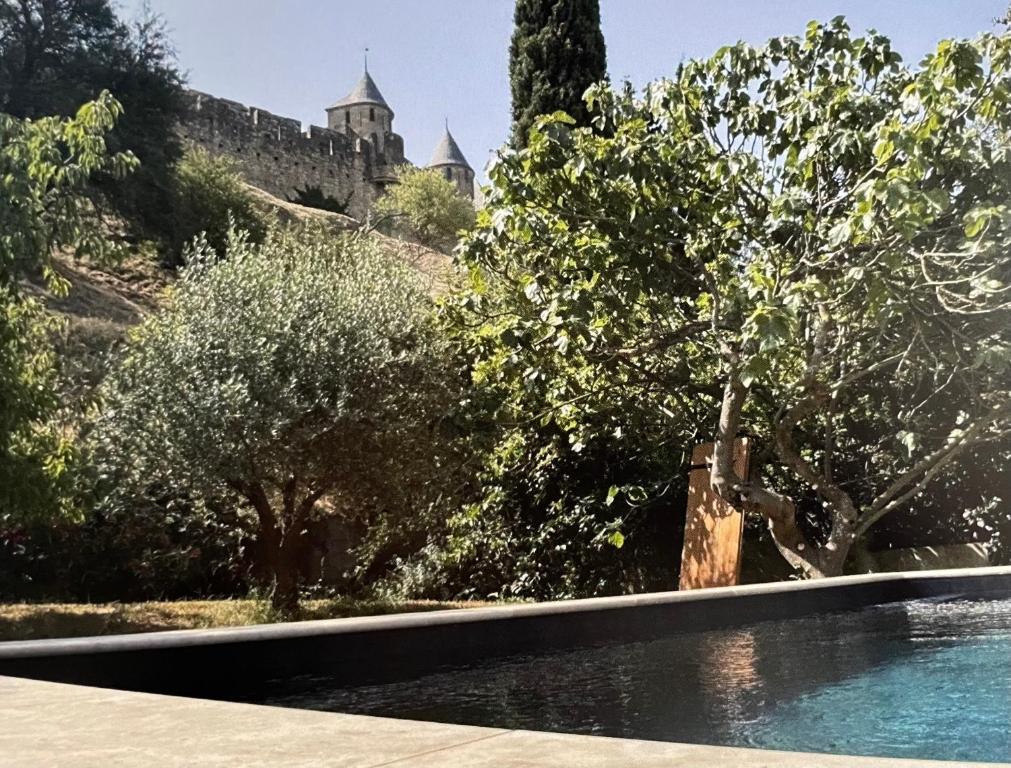 une piscine avec un château en arrière-plan dans l'établissement L'Echauguette, villa de luxe avec piscine, à Carcassonne