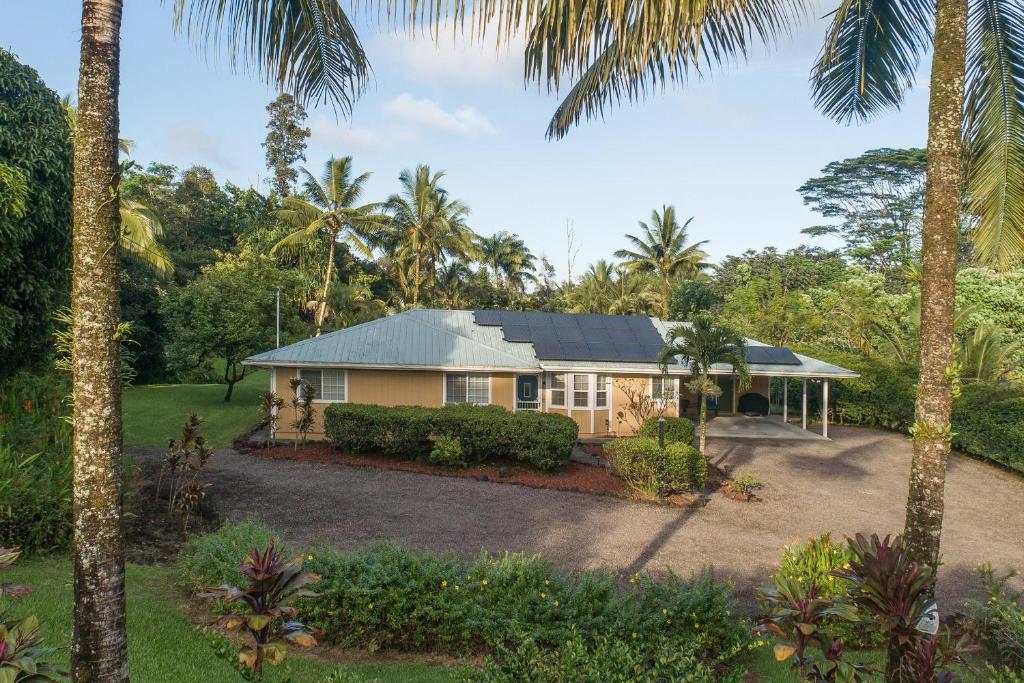 a house with palm trees in front of it at Hale O Makani in Keaau