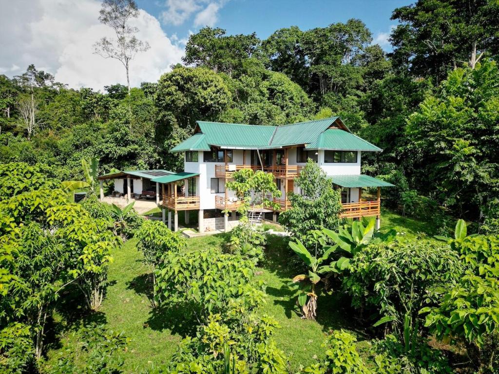 an aerial view of a house in the forest at Coral Tree Lodge Tena in Tena