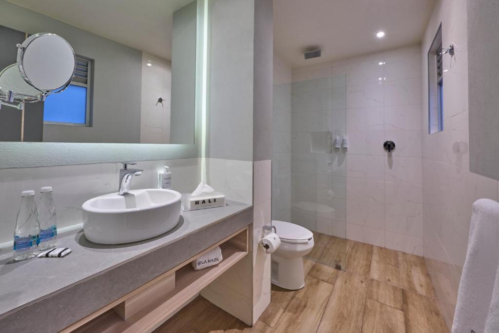 A bright bathroom with a vessel sink, mirrored vanity, toilet, and open shower.
