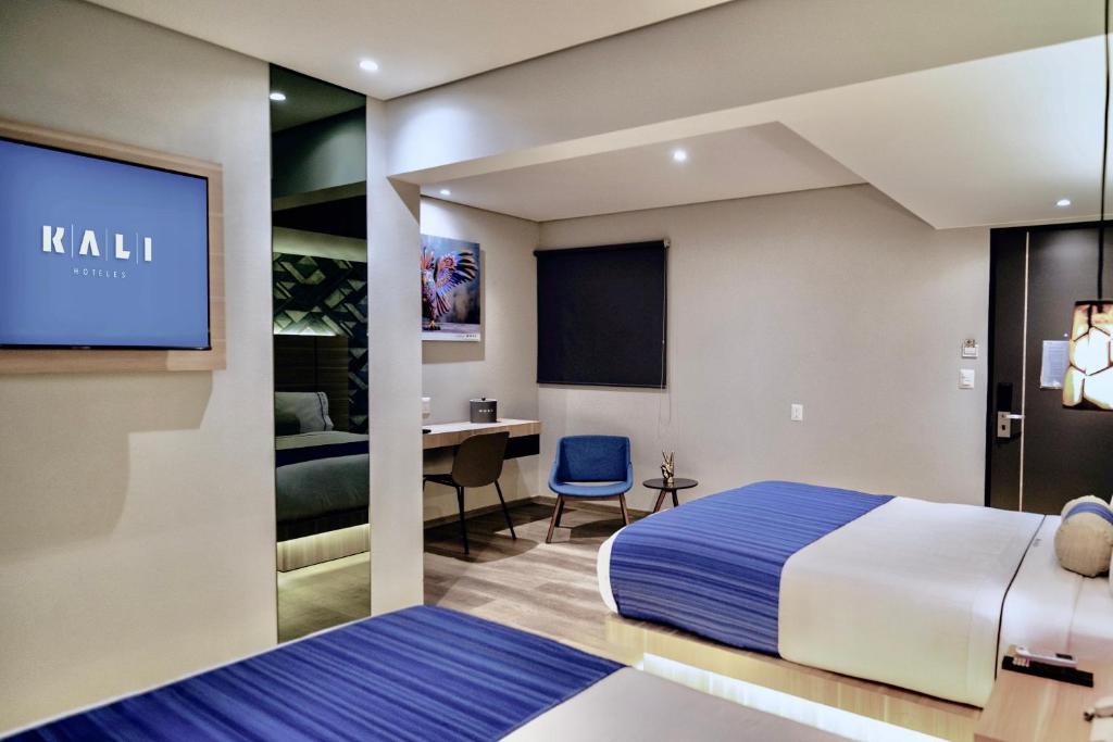 A two-bed room with a wall-mounted television, compact workspace, and dark window shade.