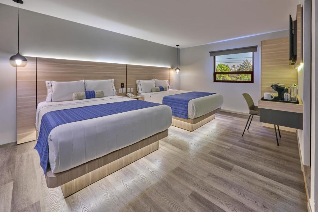 A two-bed room with a window, compact desk, and beverage station.