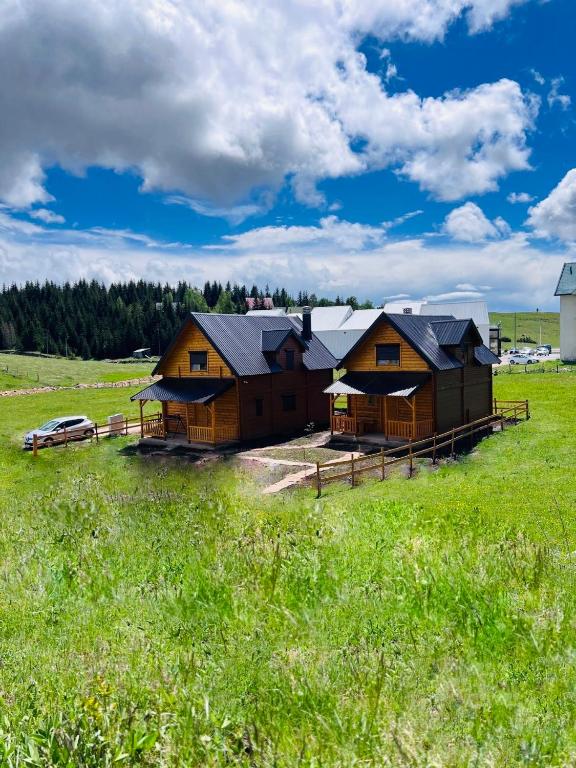 a large house in a field with a green field at Alfa Omega Žabljak in Žabljak