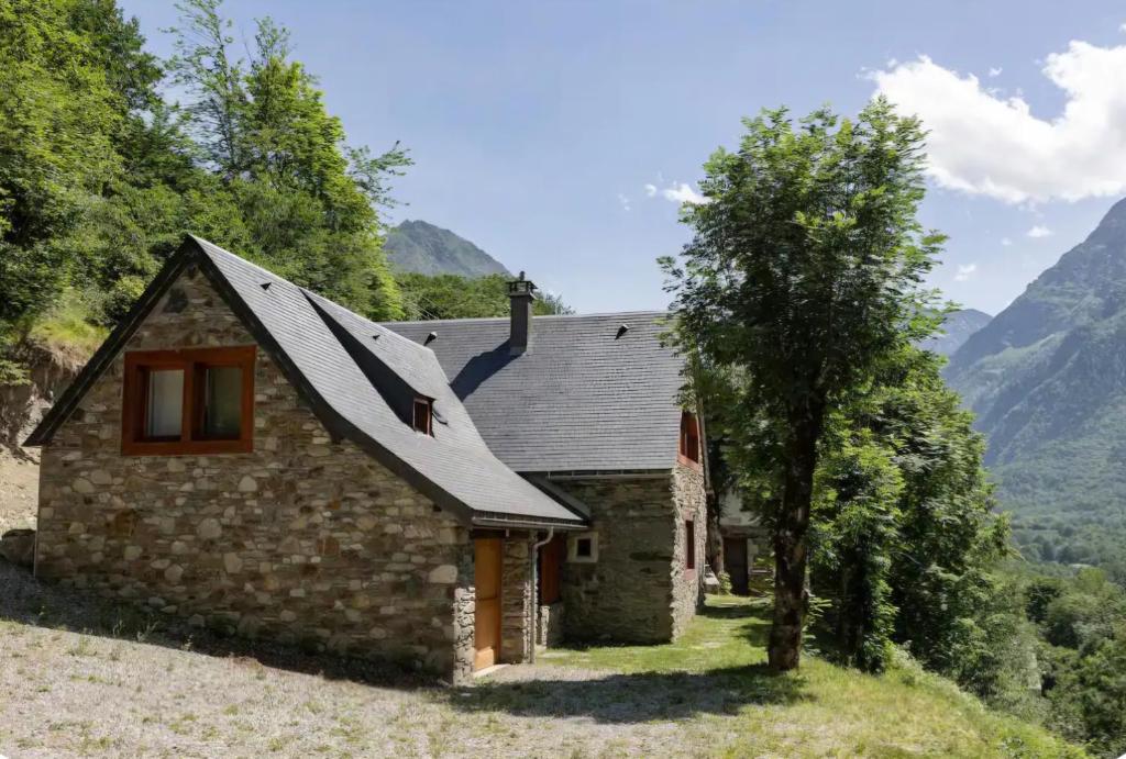 une maison en pierre sur une colline avec un arbre dans l'établissement Authentique grange rénovée 1100 m altitude, à Loudenvielle