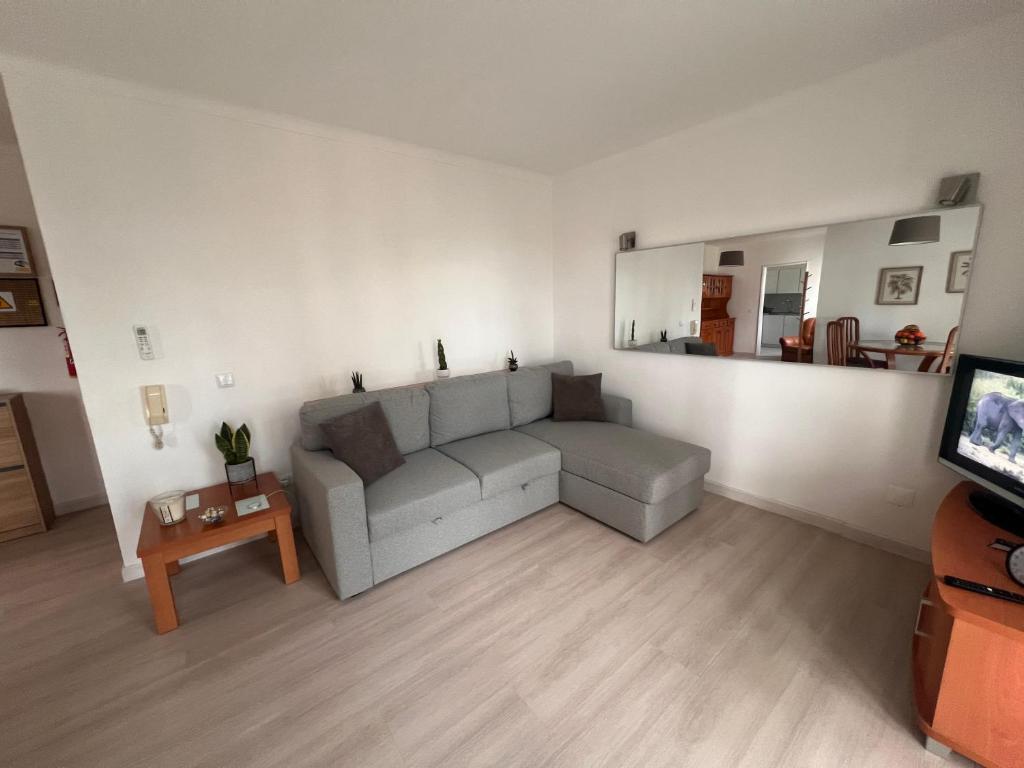 a living room with a couch and a television at Green Apartment 14 in Tavira Garden in Tavira