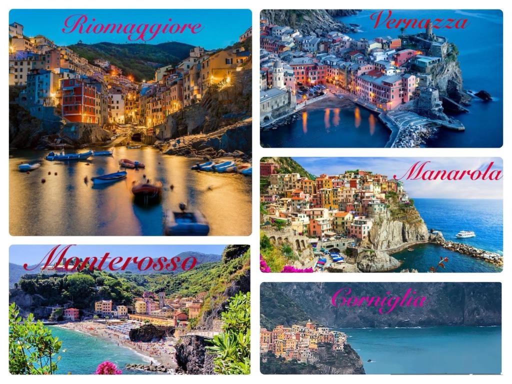 a collage of four pictures of a city at Casa Vacanze Nonna Papera near Cinque Terre in Bolano