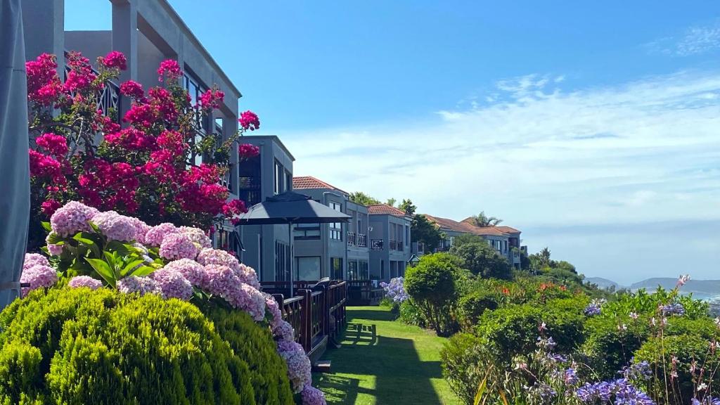 a row of houses on a hill with flowers at Sorelle's Vista OR Luxury 1-Bedroom Apartment in Plettenberg Bay