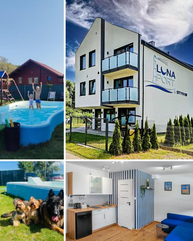 a collage of pictures of a house and a pool at Luna Port w Rowach in Rowy