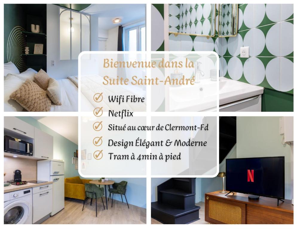 un collage di foto di una camera da letto e di un soggiorno di La Suite St-André - T2 Art Déco - Centre ville a Clermont-Ferrand