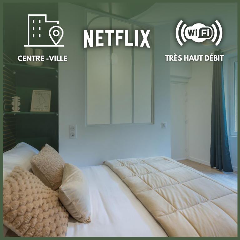 Ce lit se trouve dans un dortoir doté d'un panneau indiquant netflix. dans l'établissement La Suite St-André - T2 Art Déco - Centre ville, à Clermont-Ferrand