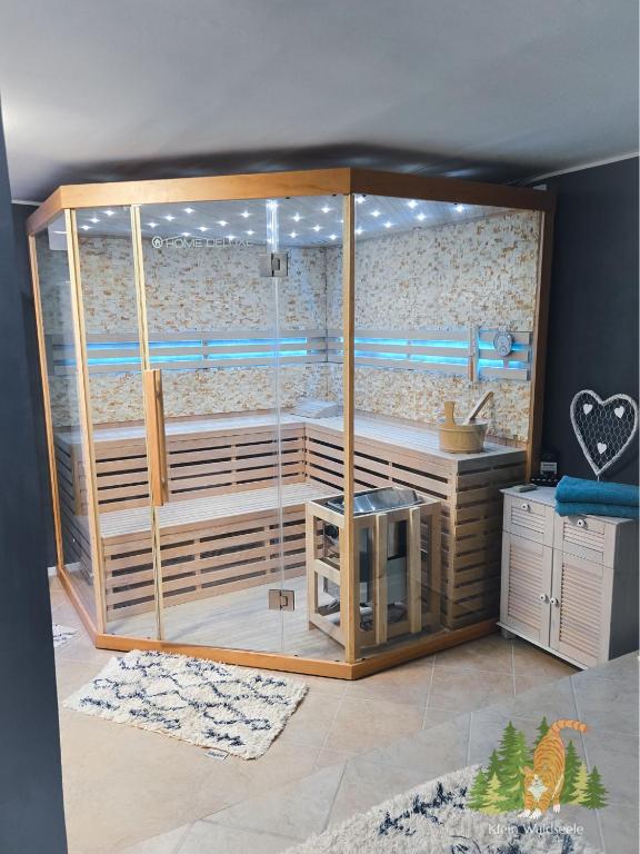 a room with a sauna with a glass wall at Klein Waldseele in Warmensteinach