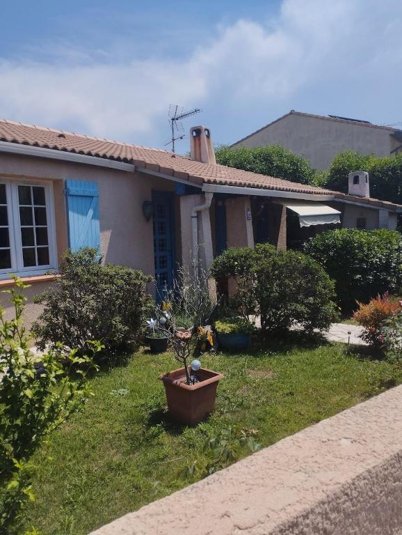 une maison avec une usine de pot dans la cour dans l'établissement Très belle Maison languedocienne à 15 mn de la mer avec trois belles chambres, 2 coins repas extérieurs avec barbecue et bain de soleil, à Lunel