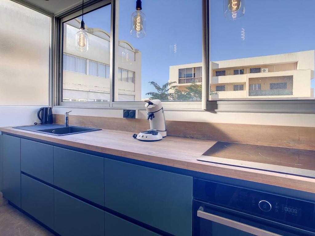 d'une cuisine avec un comptoir, un évier et une fenêtre. dans l'établissement Le Flamingo, à Balaruc-les-Bains