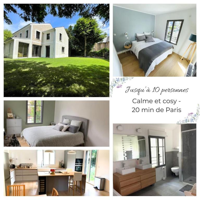 un collage de photos d'une chambre et d'une maison dans l'établissement GARCHES, proche PARIS, Villa 10 personnes, quartier calme et cosy, à Garches