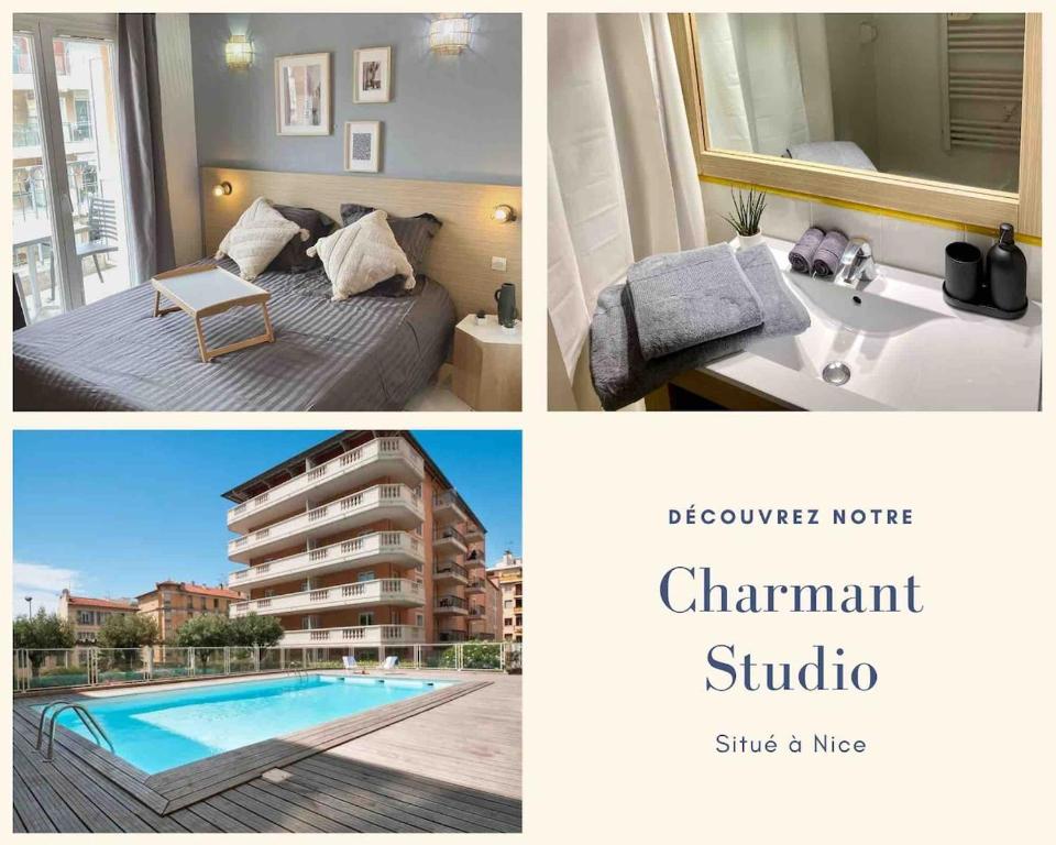 un collage de photos d'une chambre et d'une piscine dans l'établissement Charming studio with swimming pool, à Nice