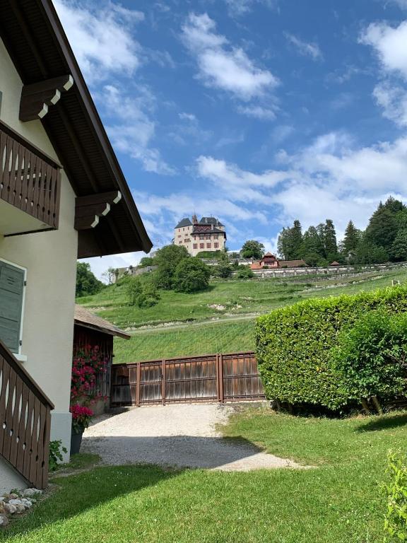 une maison avec une clôture et une maison sur une colline dans l'établissement Lac d'Annecy, entre lac et montagne, à Menthon-Saint-Bernard