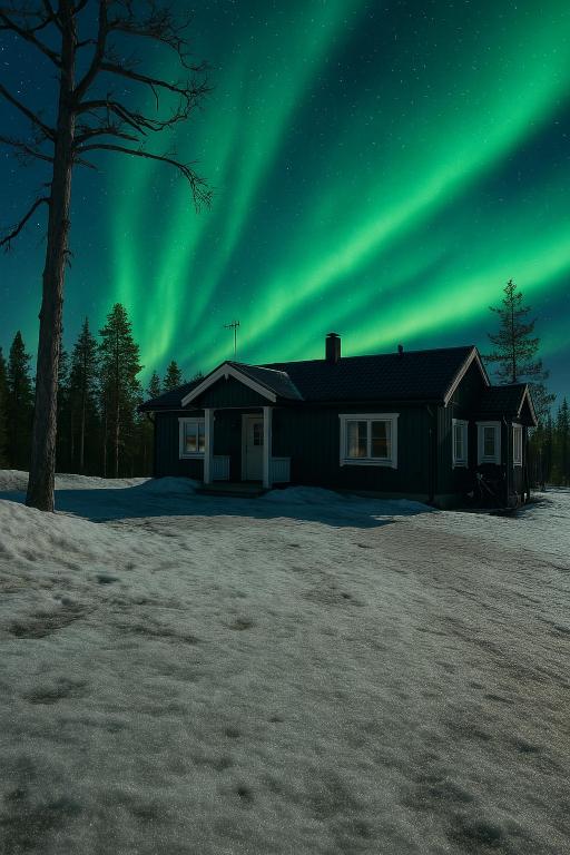 a house with the aurora in the sky at Honkamaja, Aavasaksa, Lappi, Lapland in Aavasaksa