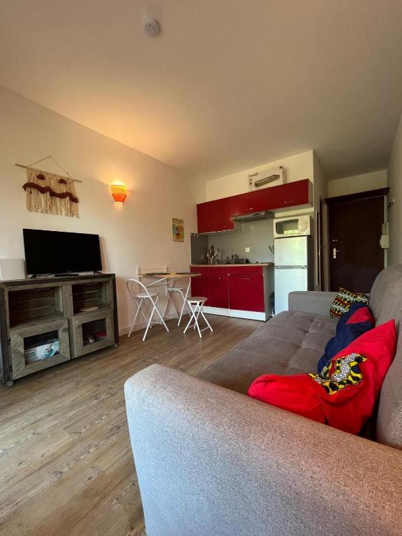 un salon avec un canapé et une cuisine dans l'établissement At Anne-Laure and Martine's, à Argelès-sur-Mer