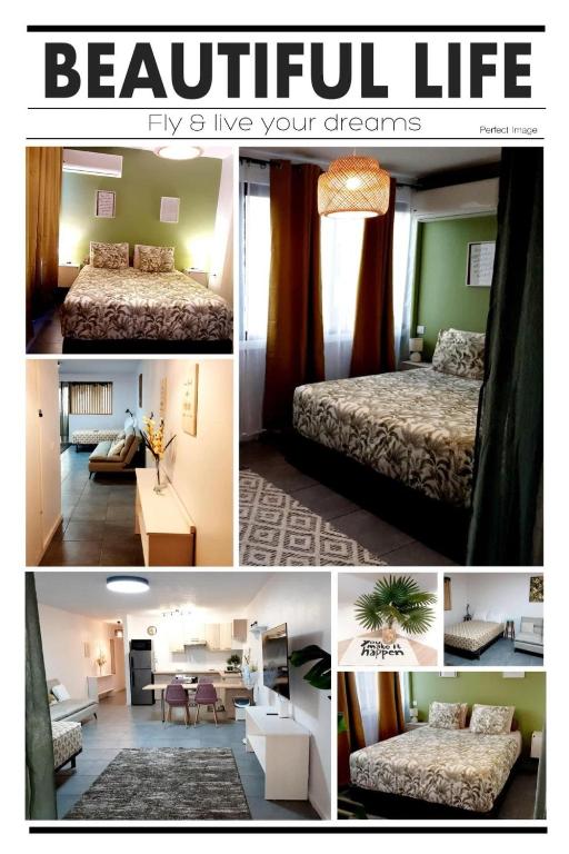 a collage of pictures of a bedroom and a living room at F2 Cookoon Toata Papeete in Papeete