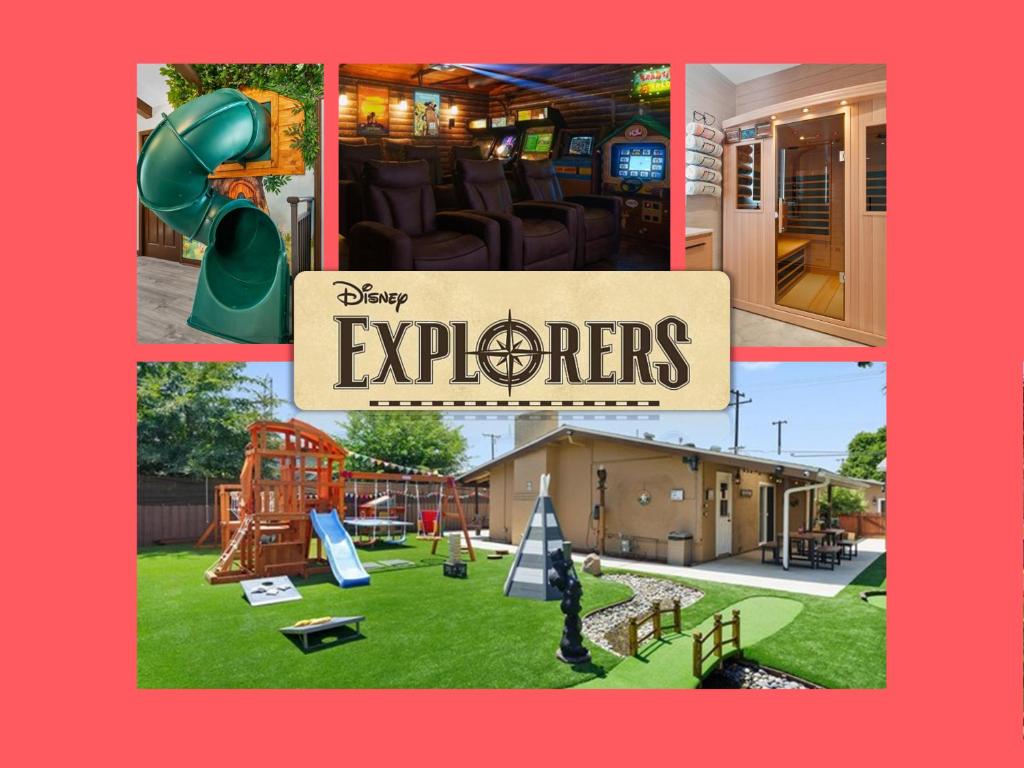 eine Collage mit Fotos von einem Spielplatz und einem Haus in der Unterkunft Great Outdoors: Arcade, Golf, Theater, Sauna @more in Garden Grove
