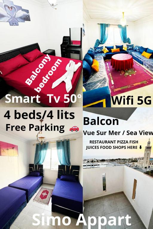 a collage of photos of a room with a bed and a poster at Luxury Seafront Apartment in Agadir Vue Mer Taghazout Surf & Ocean View your Home place in Agadir